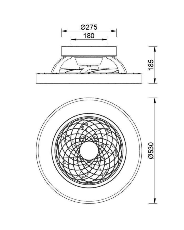 Schema tecnico del ventilatore Tibet con misure e diametro 53 cm