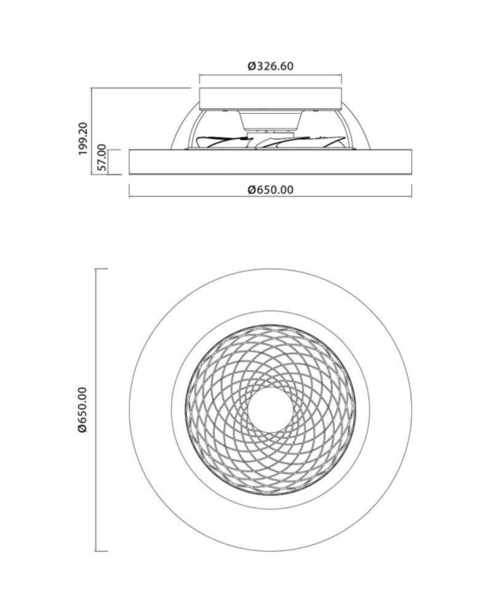 Schema tecnico del ventilatore Tibet con misure e diametro 65 cm